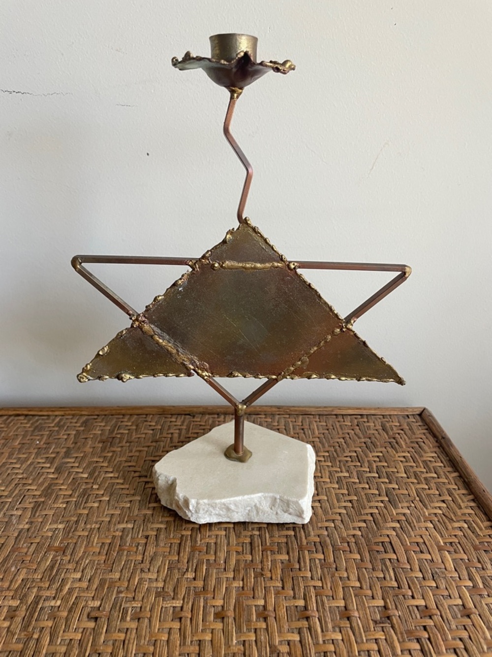 Vintage Judaica Burnished Metal Candle Stick on Stone Base